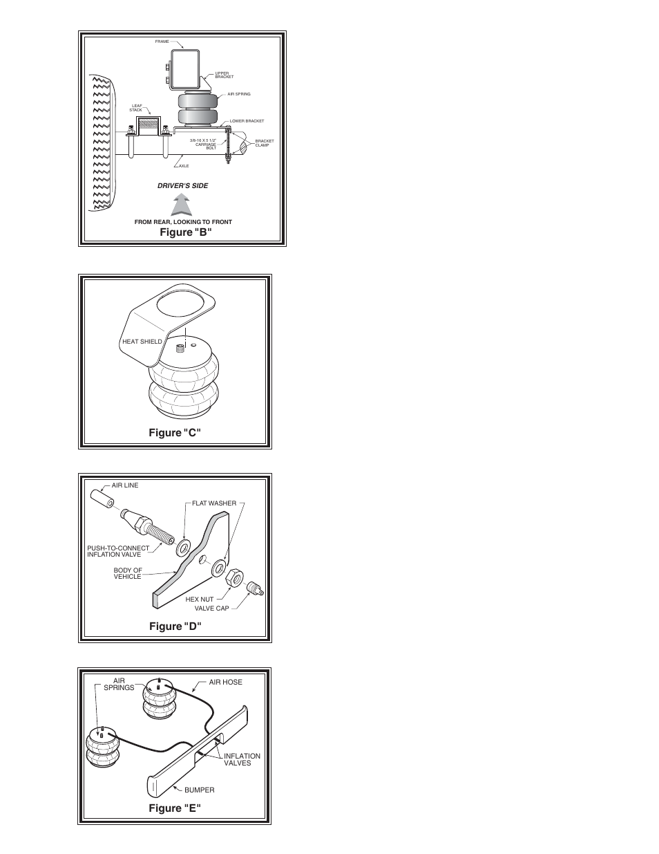 Step 1 - prepare the vehicle, Step 2 - pre-assemble the kit, Step 3 - installing the assembly to the vehicle | Step 5 - install the air line and inflation valve, Figure "d, Figure "b, Figure "c, Figure "e | Rite-Ride 2361 User Manual | Page 3 / 13