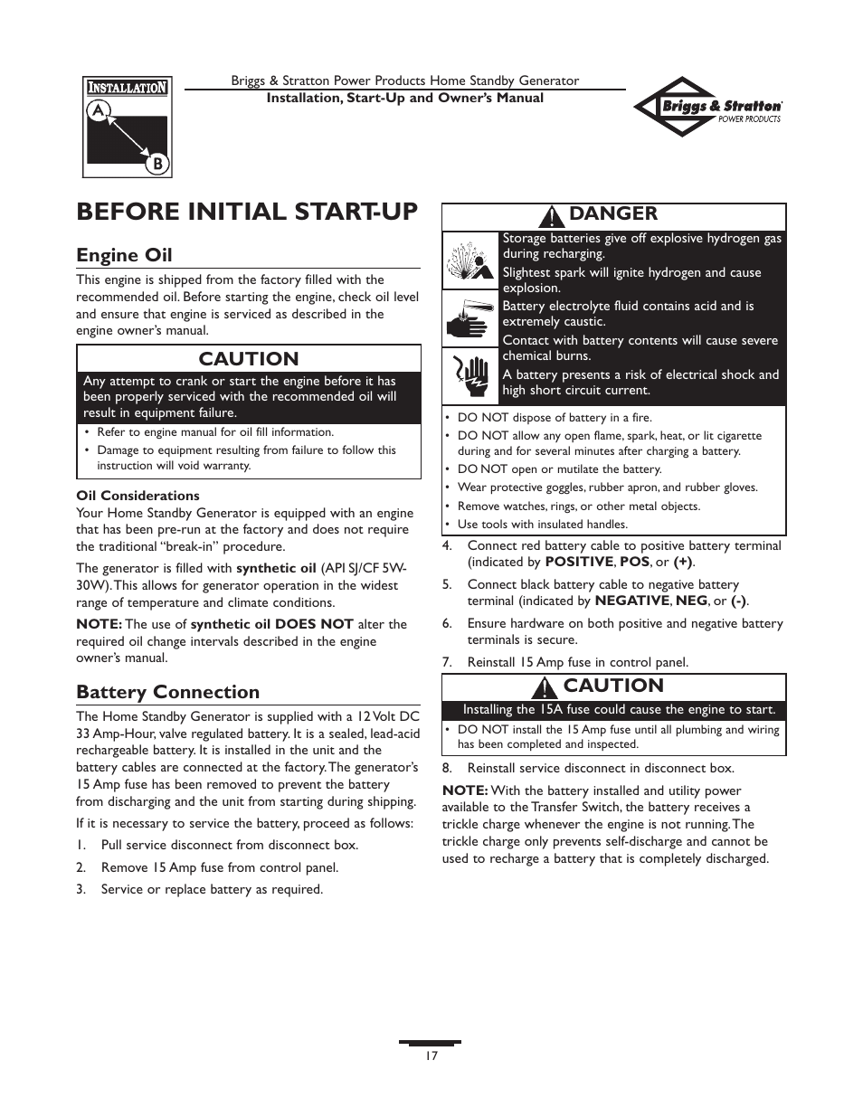 Before initial start-up, Engine oil, Battery connection | Caution, Danger | Briggs & Stratton HOME STANDBY GENERATOR 01975-0 User Manual | Page 17 / 80