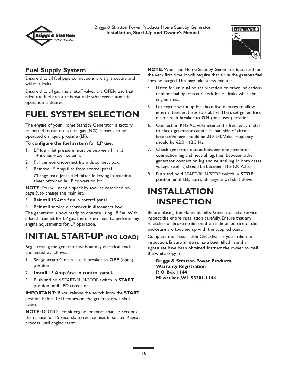 Fuel system selecti, Fuel system selection, Initial start-up | Installation inspection, Fuel supply system | Briggs & Stratton HOME STANDBY GENERATOR 01975-0 User Manual | Page 18 / 80