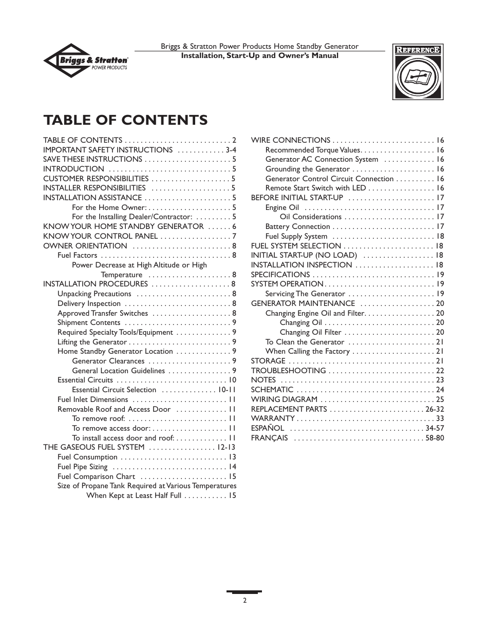 Briggs & Stratton HOME STANDBY GENERATOR 01975-0 User Manual | Page 2 / 80
