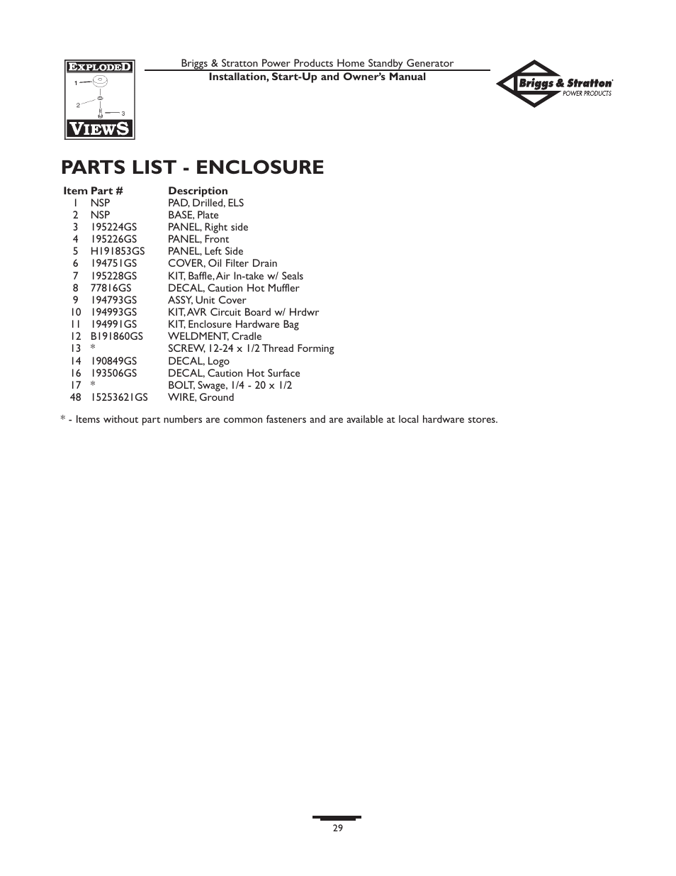 Parts list - enclosure | Briggs & Stratton HOME STANDBY GENERATOR 01975-0 User Manual | Page 29 / 80