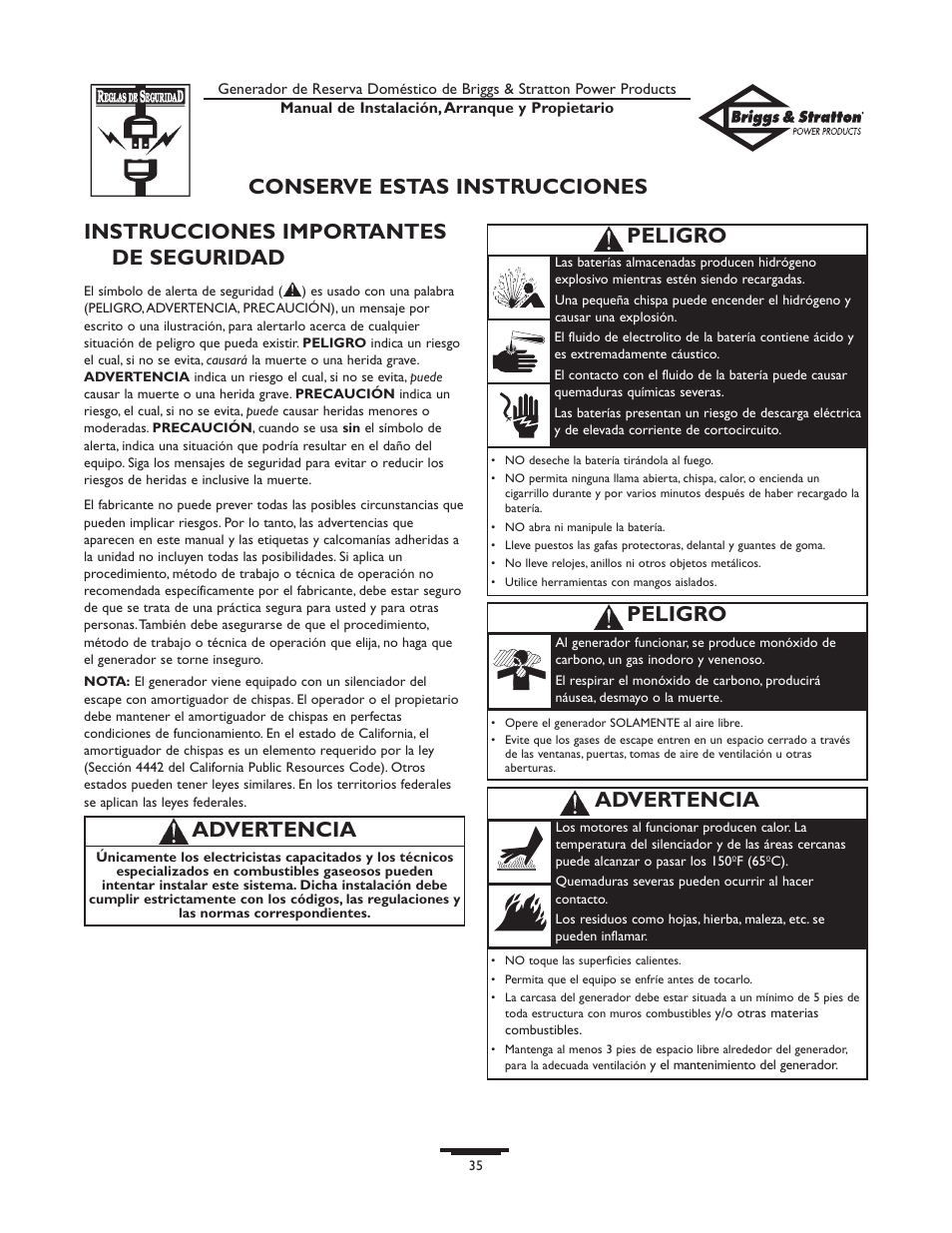 Instrucciones importantes de seguridad, Advertencia, Peligro | Peligro conserve estas instrucciones | Briggs & Stratton HOME STANDBY GENERATOR 01975-0 User Manual | Page 35 / 80