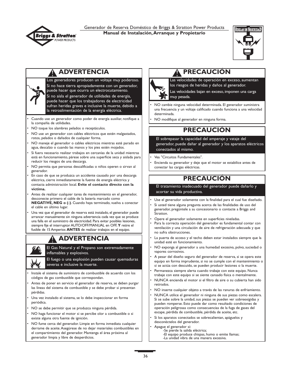 Advertencia, Precaución | Briggs & Stratton HOME STANDBY GENERATOR 01975-0 User Manual | Page 36 / 80