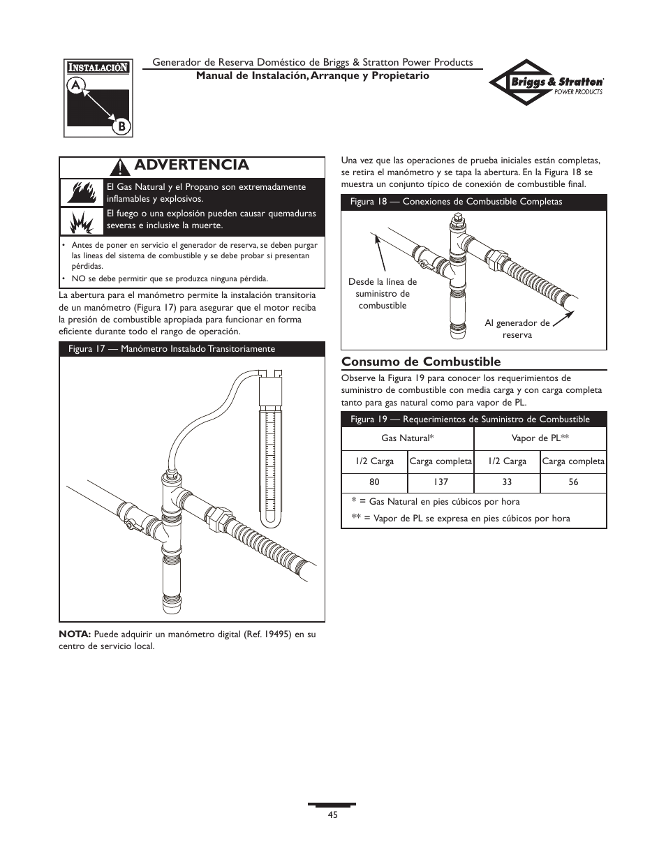 Advertencia, Consumo de combustible | Briggs & Stratton HOME STANDBY GENERATOR 01975-0 User Manual | Page 45 / 80