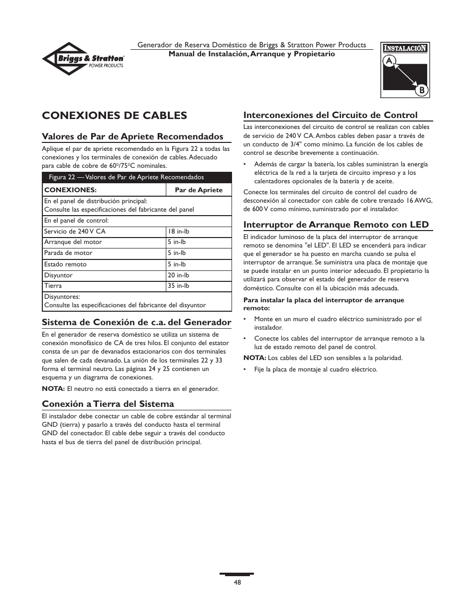 Conexiones de cables | Briggs & Stratton HOME STANDBY GENERATOR 01975-0 User Manual | Page 48 / 80