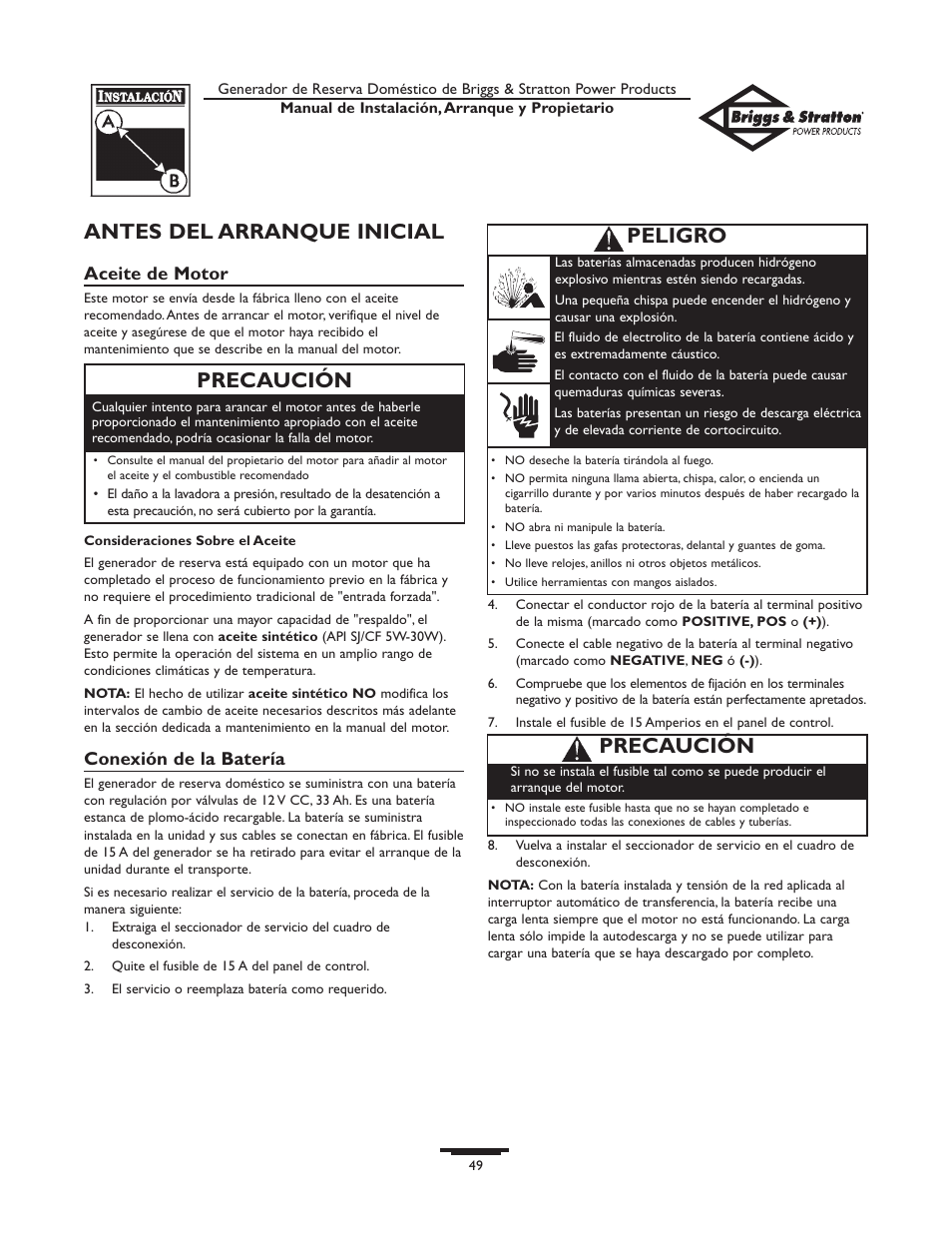 Antes del arranque inicial, Precaución, Peligro | Aceite de motor, Conexión de la batería | Briggs & Stratton HOME STANDBY GENERATOR 01975-0 User Manual | Page 49 / 80