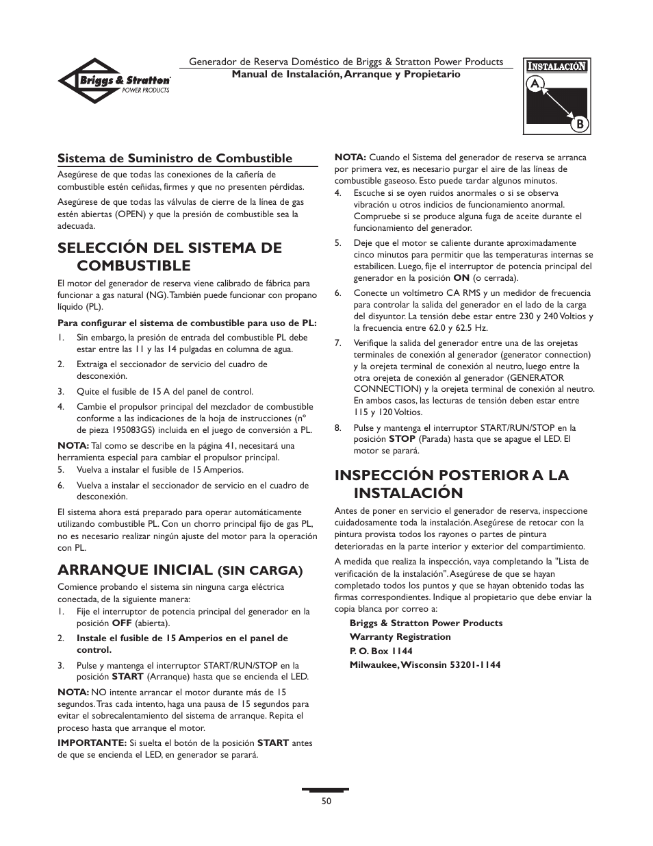 Selección del sistema de combustible, Arranque inicial, Inspección posterior a la instalación | Briggs & Stratton HOME STANDBY GENERATOR 01975-0 User Manual | Page 50 / 80