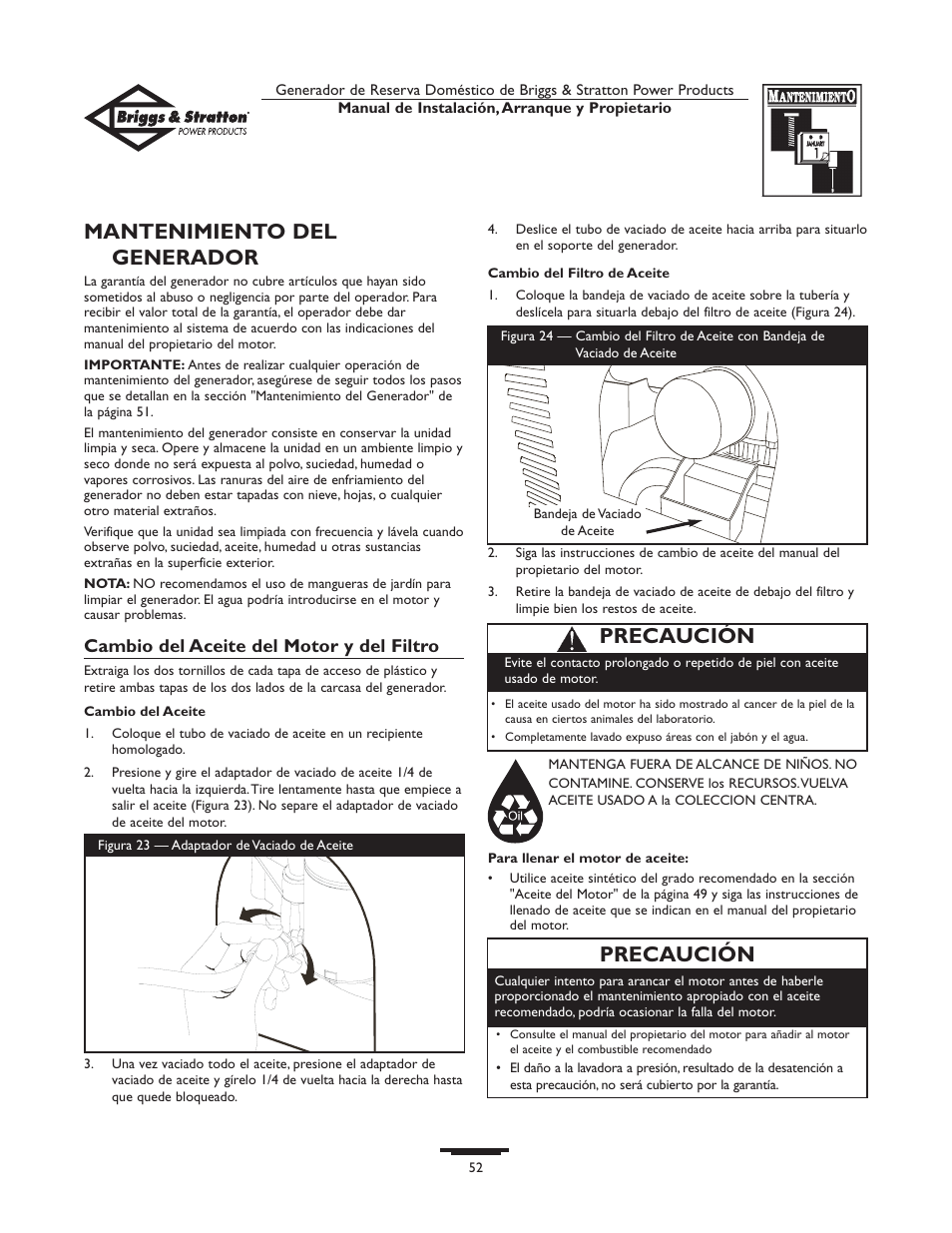 Mantenimiento del generador, Precaución, Cambio del aceite del motor y del filtro | Briggs & Stratton HOME STANDBY GENERATOR 01975-0 User Manual | Page 52 / 80