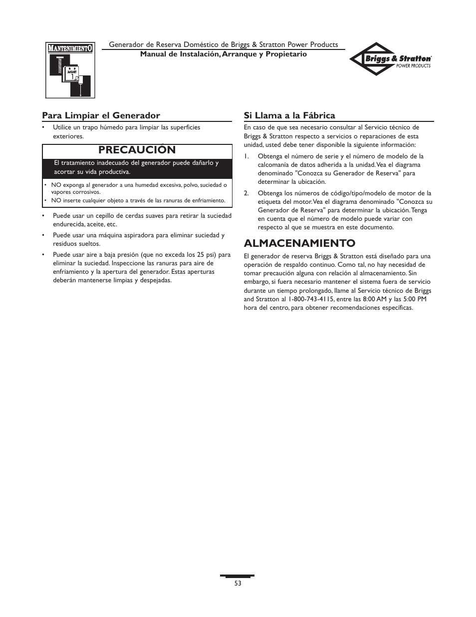 Almacenamiento, Precaución | Briggs & Stratton HOME STANDBY GENERATOR 01975-0 User Manual | Page 53 / 80