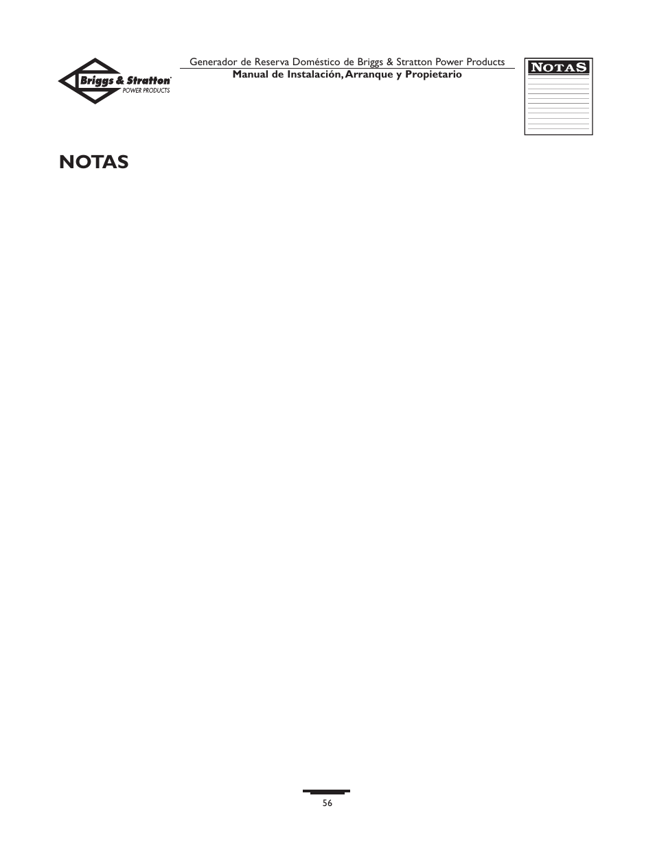 Notas | Briggs & Stratton HOME STANDBY GENERATOR 01975-0 User Manual | Page 56 / 80