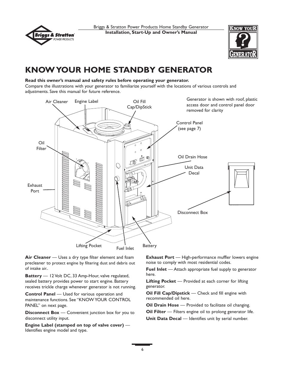 Access door, Know your home standby generator | Briggs & Stratton HOME STANDBY GENERATOR 01975-0 User Manual | Page 6 / 80
