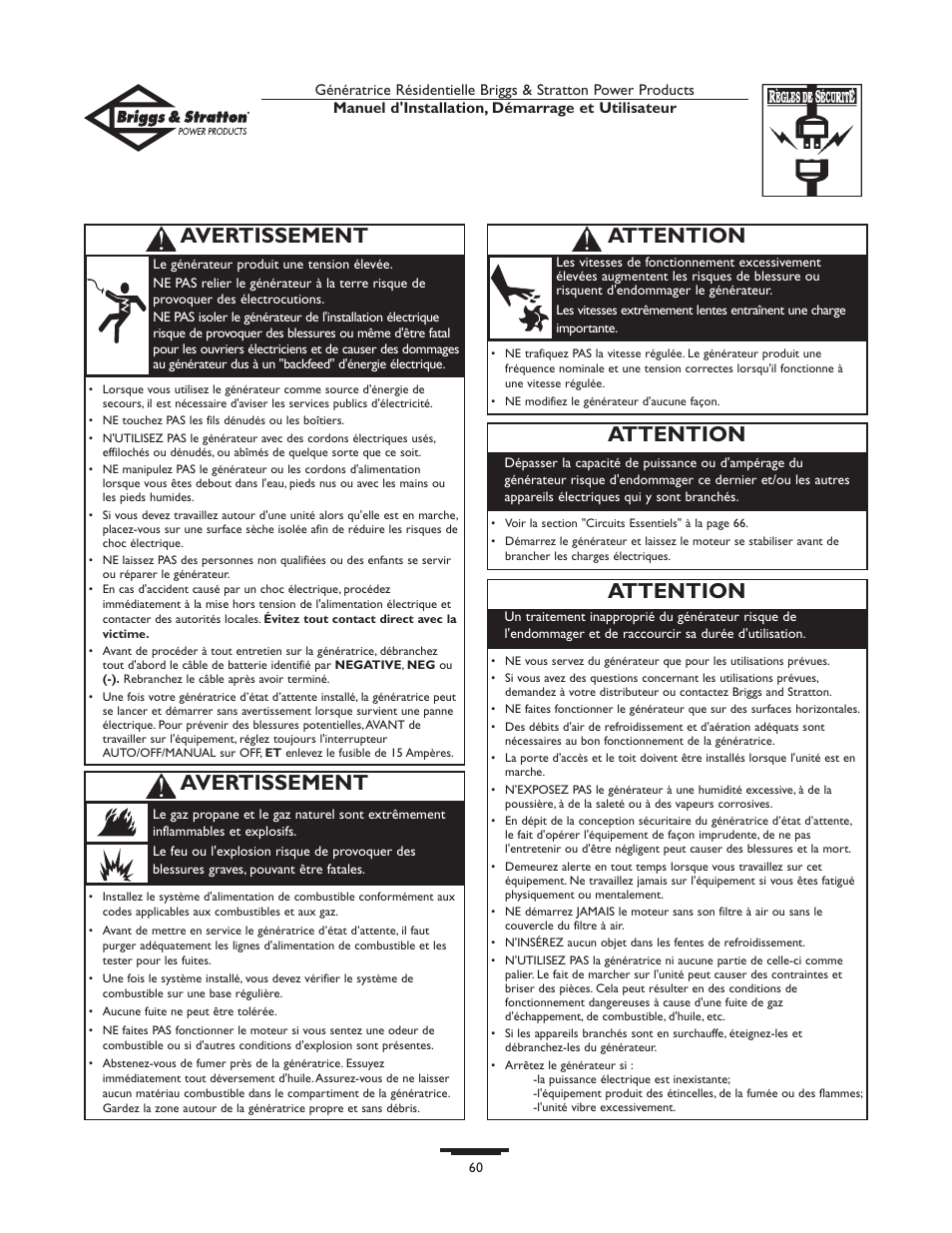 Avertissement, Attention | Briggs & Stratton HOME STANDBY GENERATOR 01975-0 User Manual | Page 60 / 80