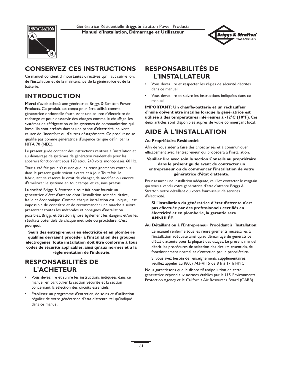 Conservez ces instructions, Introduction, Responsabilités de l'acheteur | Responsabilités de l'installateur, Aide à l'installation | Briggs & Stratton HOME STANDBY GENERATOR 01975-0 User Manual | Page 61 / 80