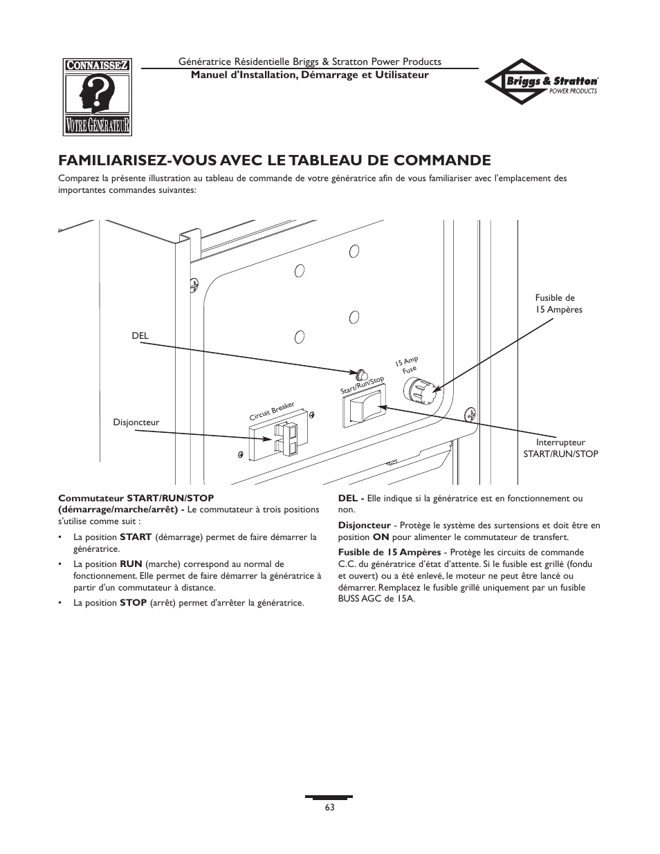 Familiarisez-vous avec le tableau de commande | Briggs & Stratton HOME STANDBY GENERATOR 01975-0 User Manual | Page 63 / 80