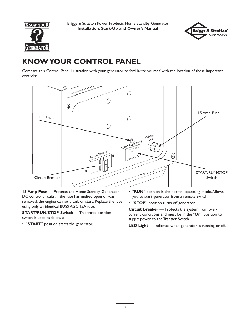 Know your control panel | Briggs & Stratton HOME STANDBY GENERATOR 01975-0 User Manual | Page 7 / 80