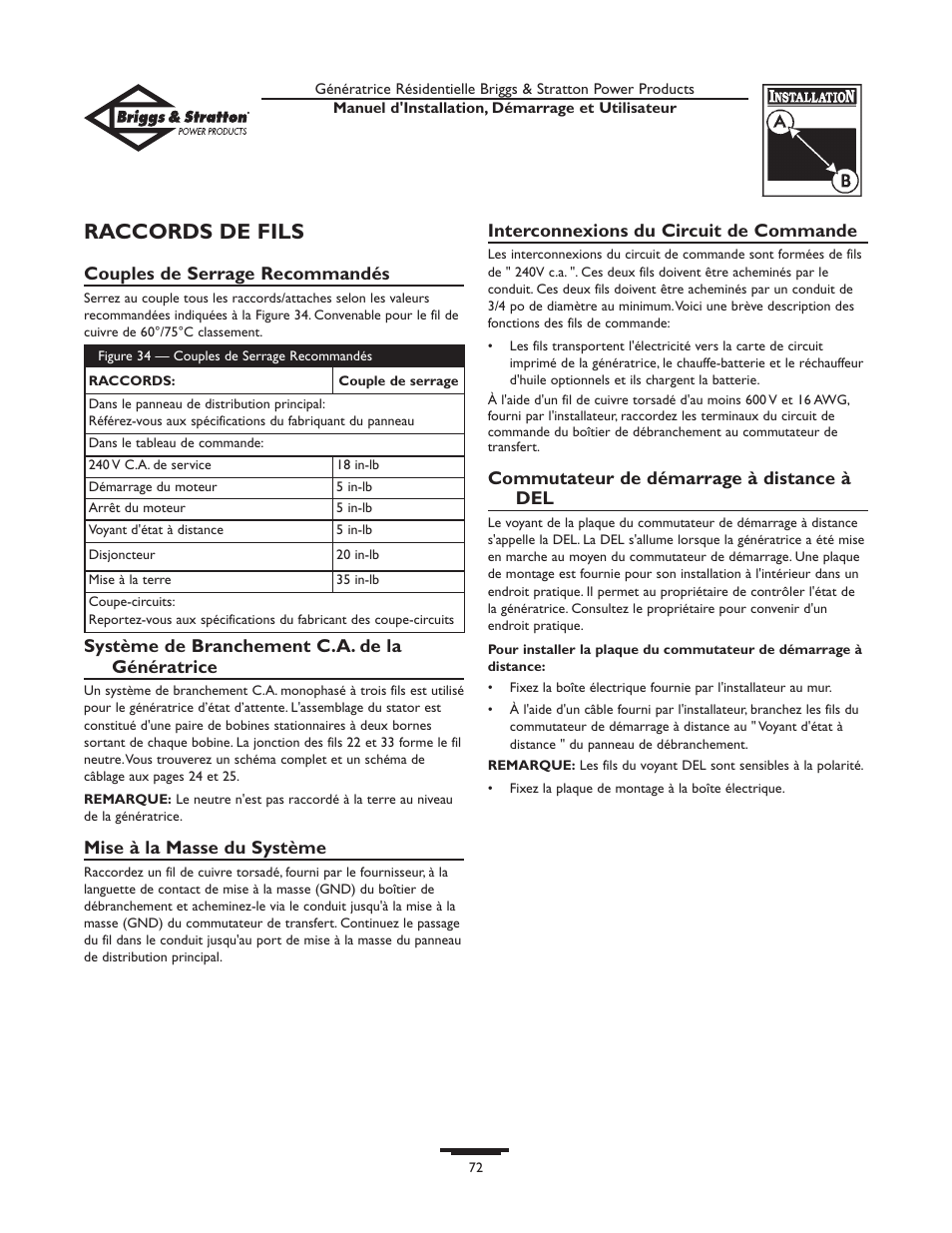 Raccords de fils | Briggs & Stratton HOME STANDBY GENERATOR 01975-0 User Manual | Page 72 / 80