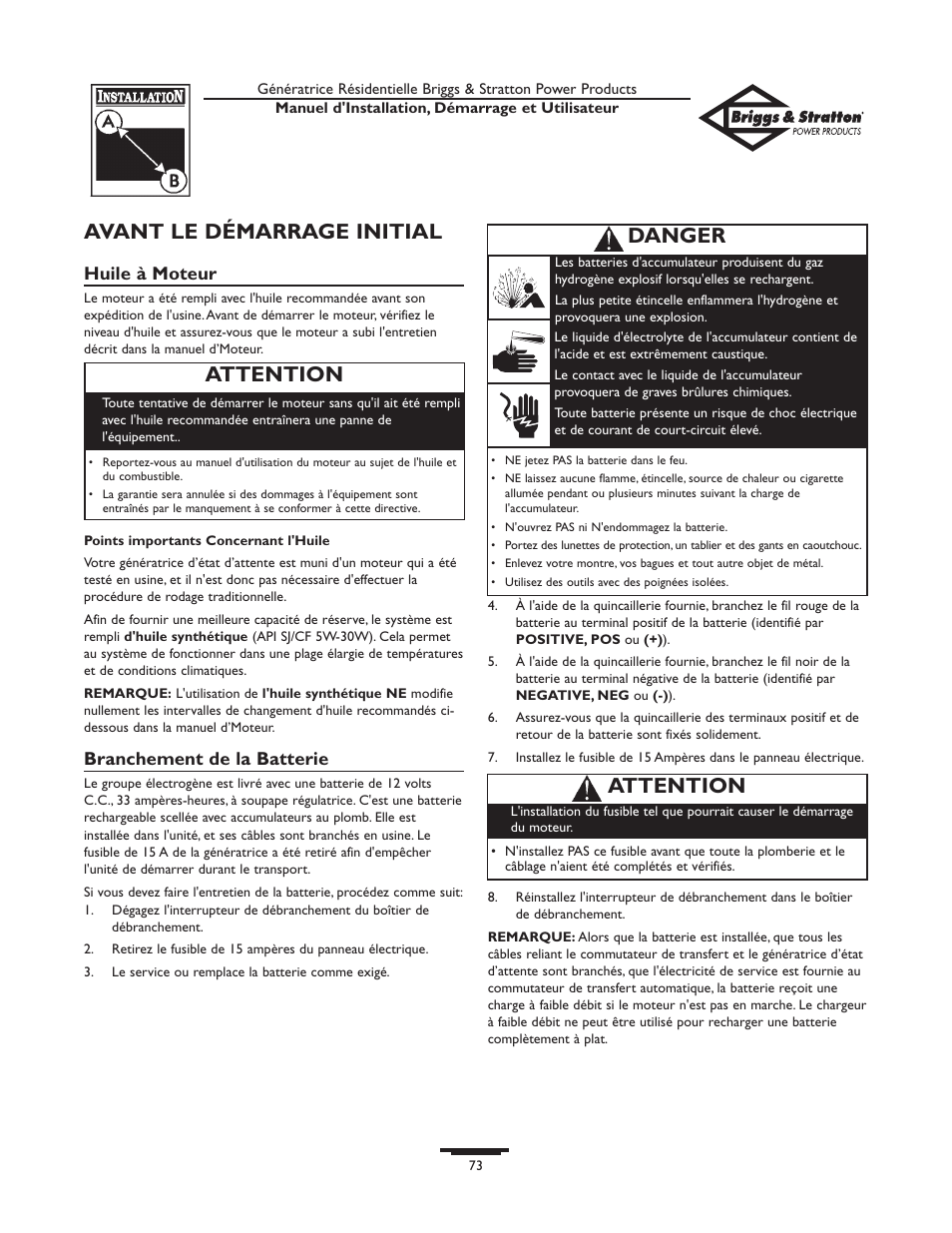 Avant le démarrage initial, Attention, Danger | Huile à moteur, Branchement de la batterie | Briggs & Stratton HOME STANDBY GENERATOR 01975-0 User Manual | Page 73 / 80