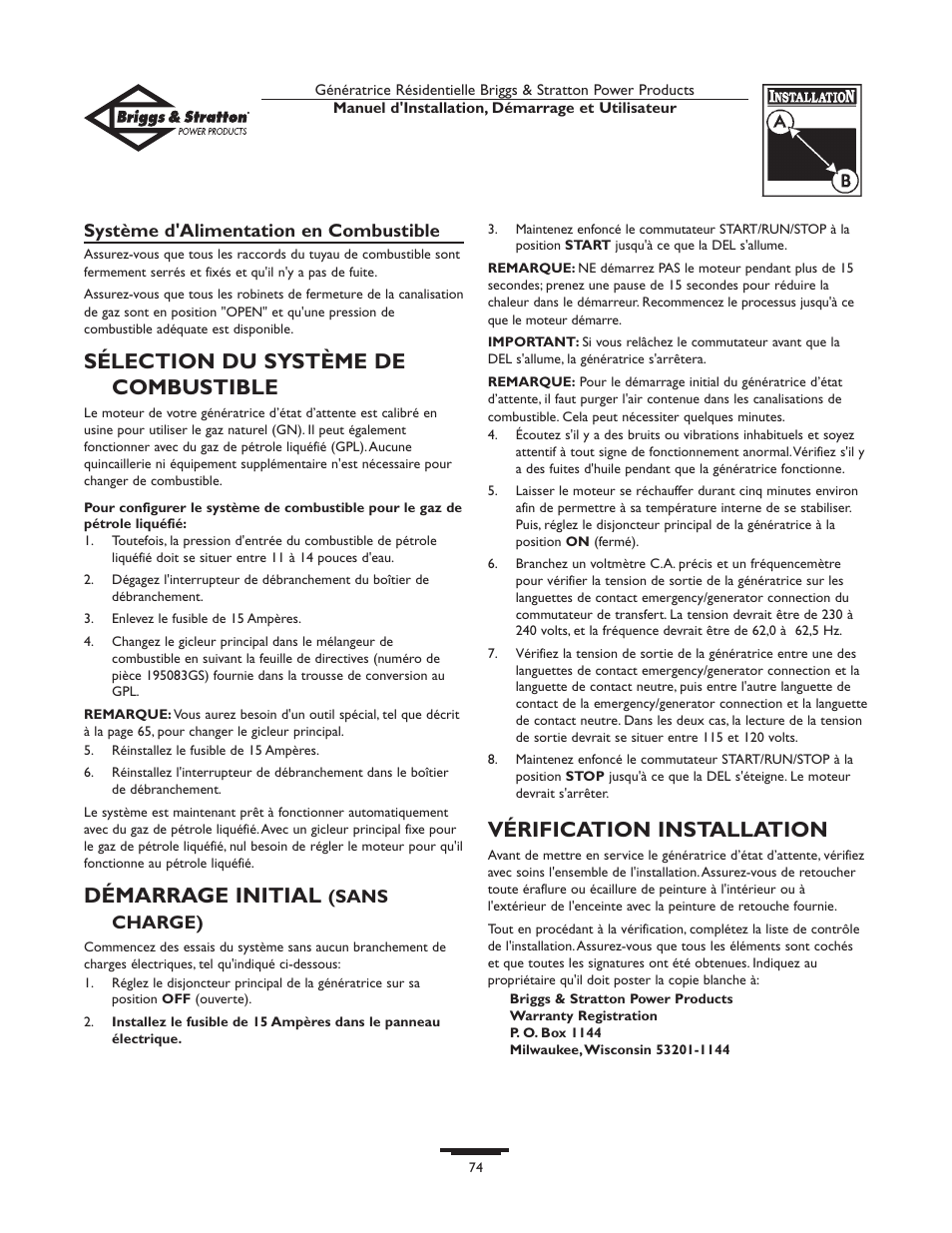 Sélection du système de combustible, Démarrage initial, Vérification installation | Briggs & Stratton HOME STANDBY GENERATOR 01975-0 User Manual | Page 74 / 80