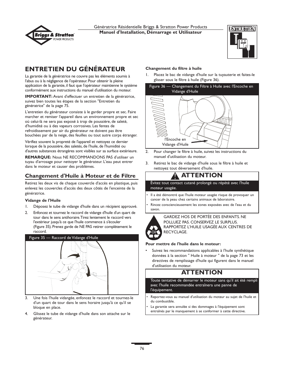 Entretien du générateur, Attention, Changement d'huile à moteur et de filtre | Briggs & Stratton HOME STANDBY GENERATOR 01975-0 User Manual | Page 76 / 80