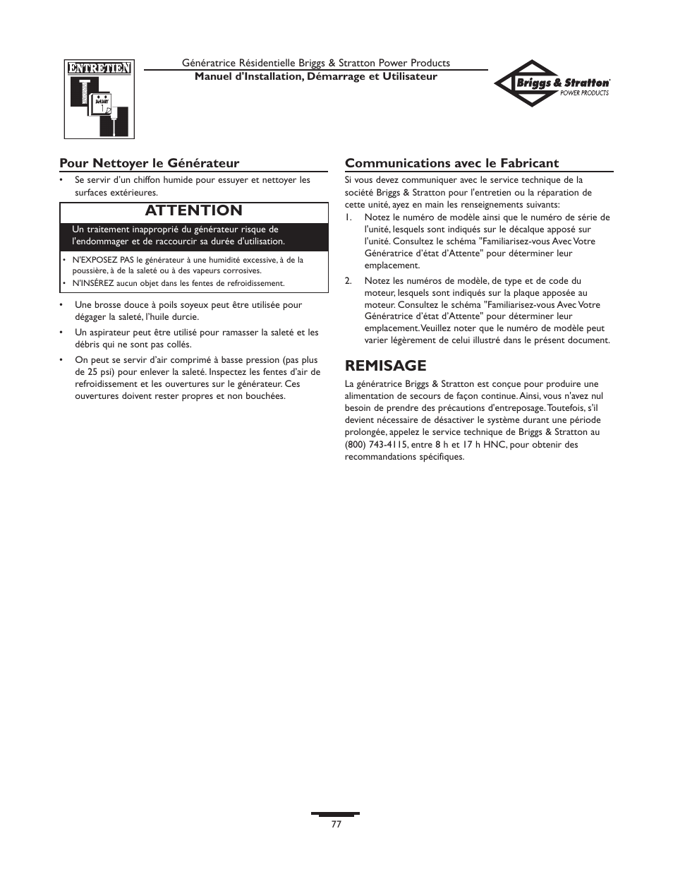 Remisage, Attention | Briggs & Stratton HOME STANDBY GENERATOR 01975-0 User Manual | Page 77 / 80
