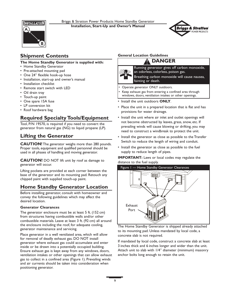Shipment contents, Required specialty tools/equipment, Lifting the generator | Home standby generator location, Danger | Briggs & Stratton HOME STANDBY GENERATOR 01975-0 User Manual | Page 9 / 80