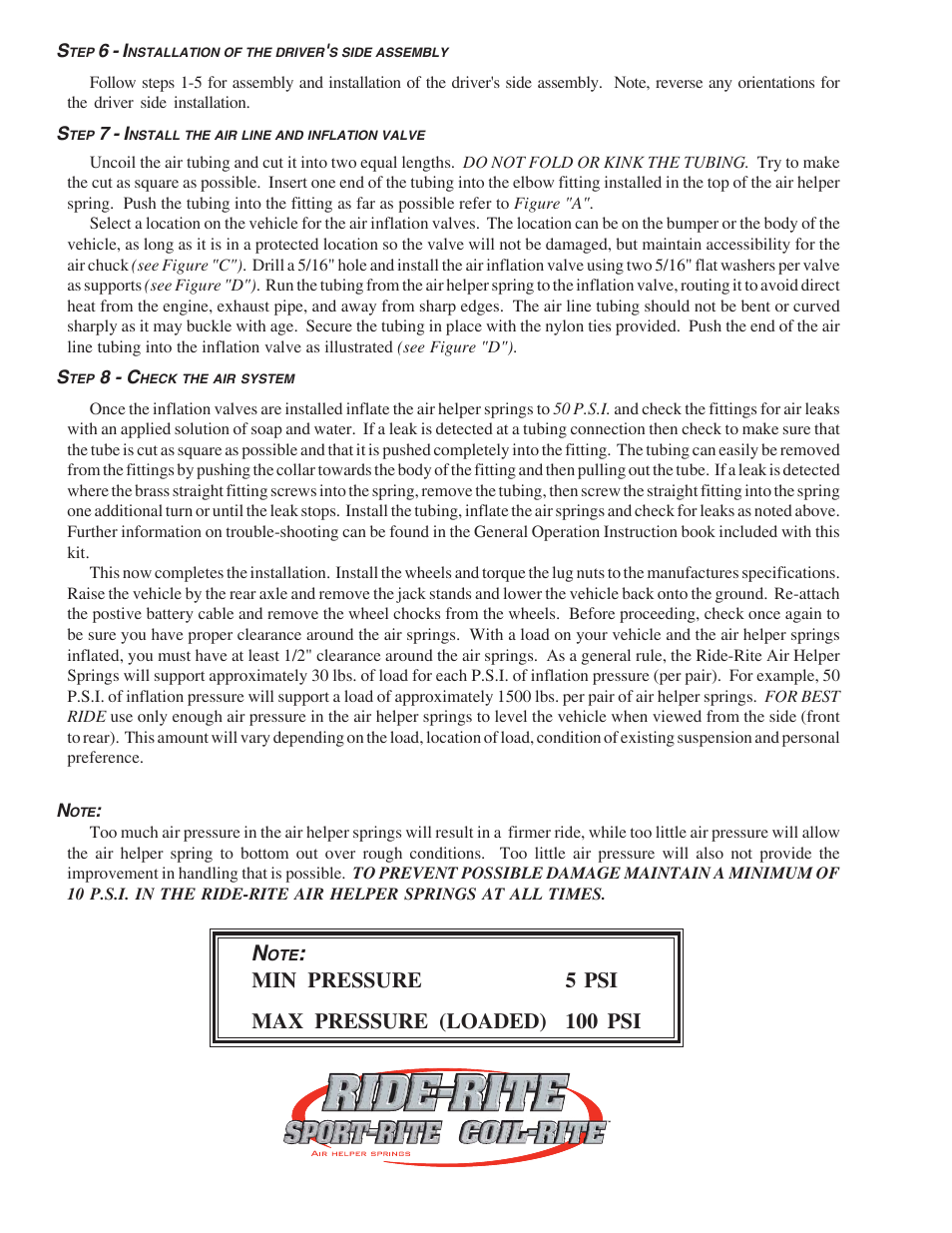 Min pressure 5 psi max pressure (loaded) 100 psi | Rite-Ride 2163 User Manual | Page 4 / 12