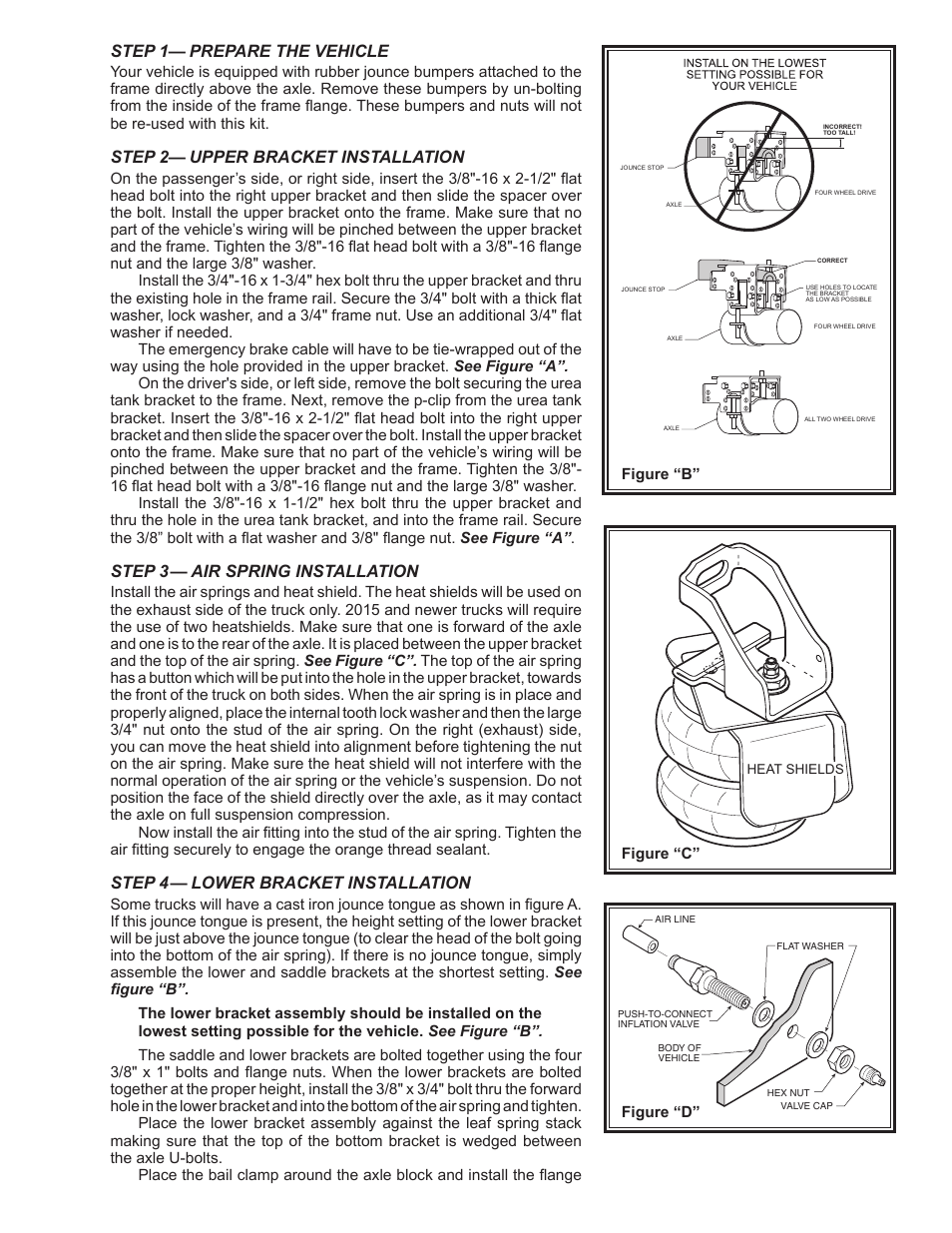 Step 1— prepare the vehicle, Step 2— upper bracket installation, Step 3— air spring installation | Step 4— lower bracket installation | Rite-Ride 2535 User Manual | Page 3 / 4