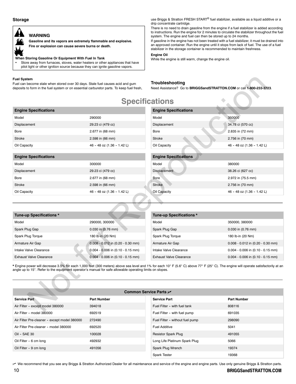 Not for reproduction, Specifications | Briggs & Stratton VANGUARD 350000 User Manual | Page 10 / 92