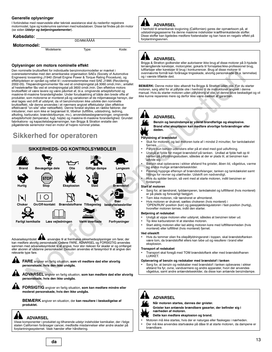 Not for reproduction, Sikkerhed for operatoren, 13 da | Købsdato: motormodel, Sikkerheds- og kontrolsymboler | Briggs & Stratton VANGUARD 350000 User Manual | Page 13 / 92