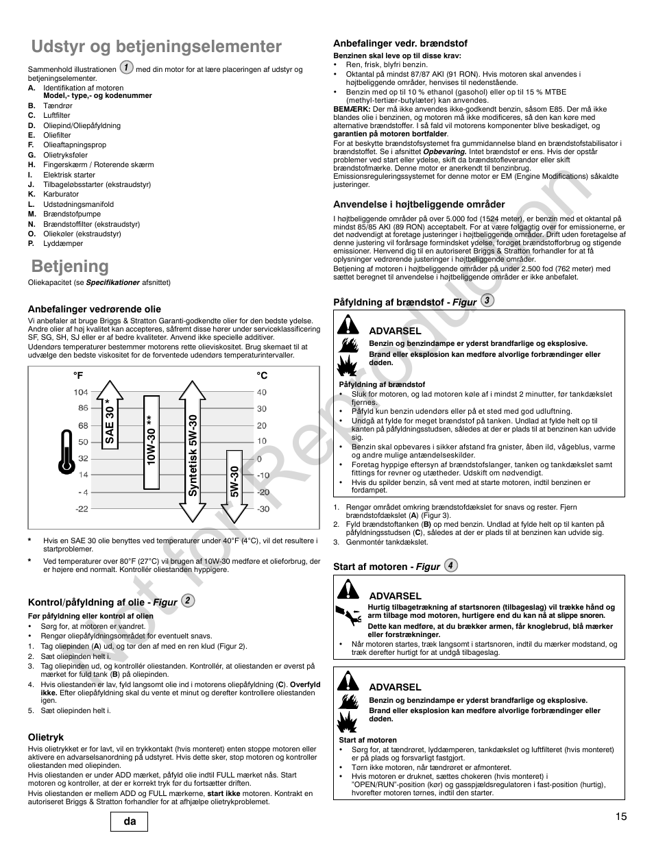 Not for reproduction, Udstyr og betjeningselementer, Betjening | Briggs & Stratton VANGUARD 350000 User Manual | Page 15 / 92