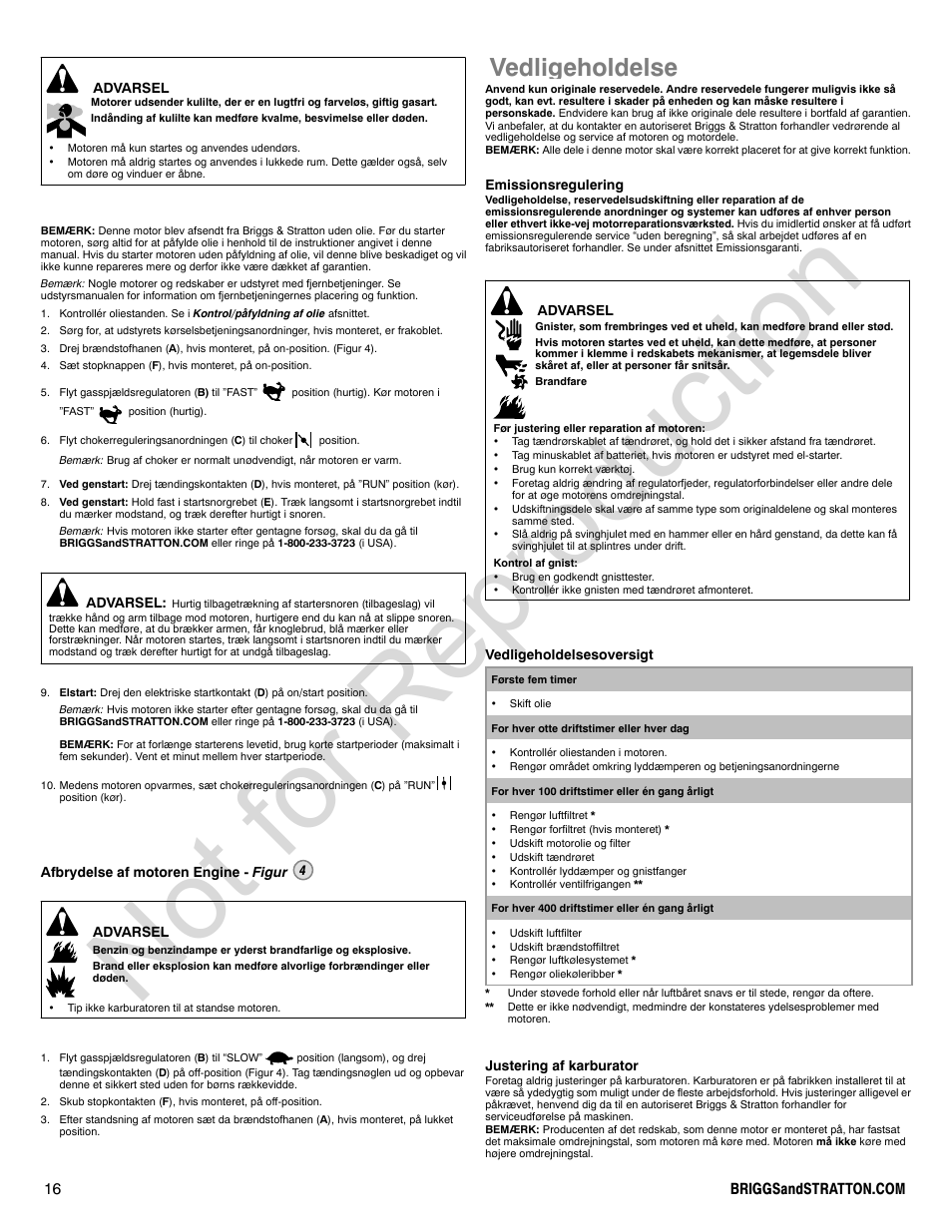 Not for reproduction, Vedligeholdelse | Briggs & Stratton VANGUARD 350000 User Manual | Page 16 / 92