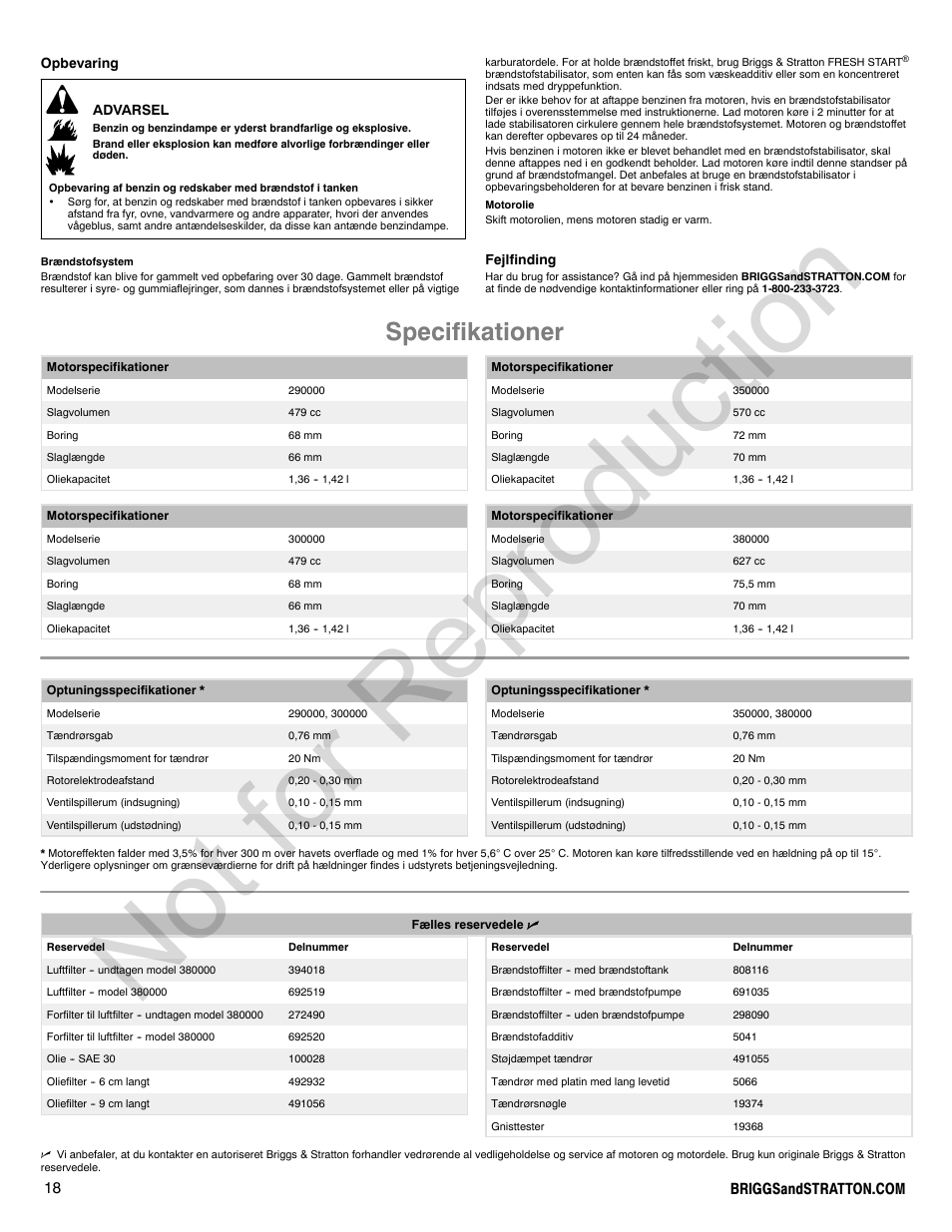 Not for reproduction, Specifikationer | Briggs & Stratton VANGUARD 350000 User Manual | Page 18 / 92