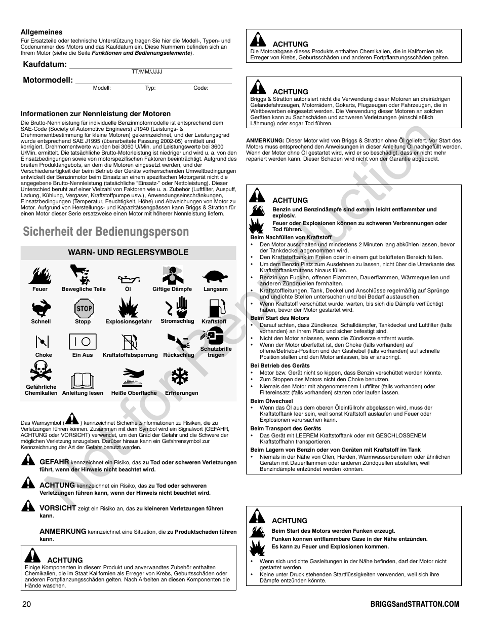 Not for reproduction, Sicherheit der bedienungsperson, Kaufdatum: motormodell | Warn- und reglersymbole | Briggs & Stratton VANGUARD 350000 User Manual | Page 20 / 92