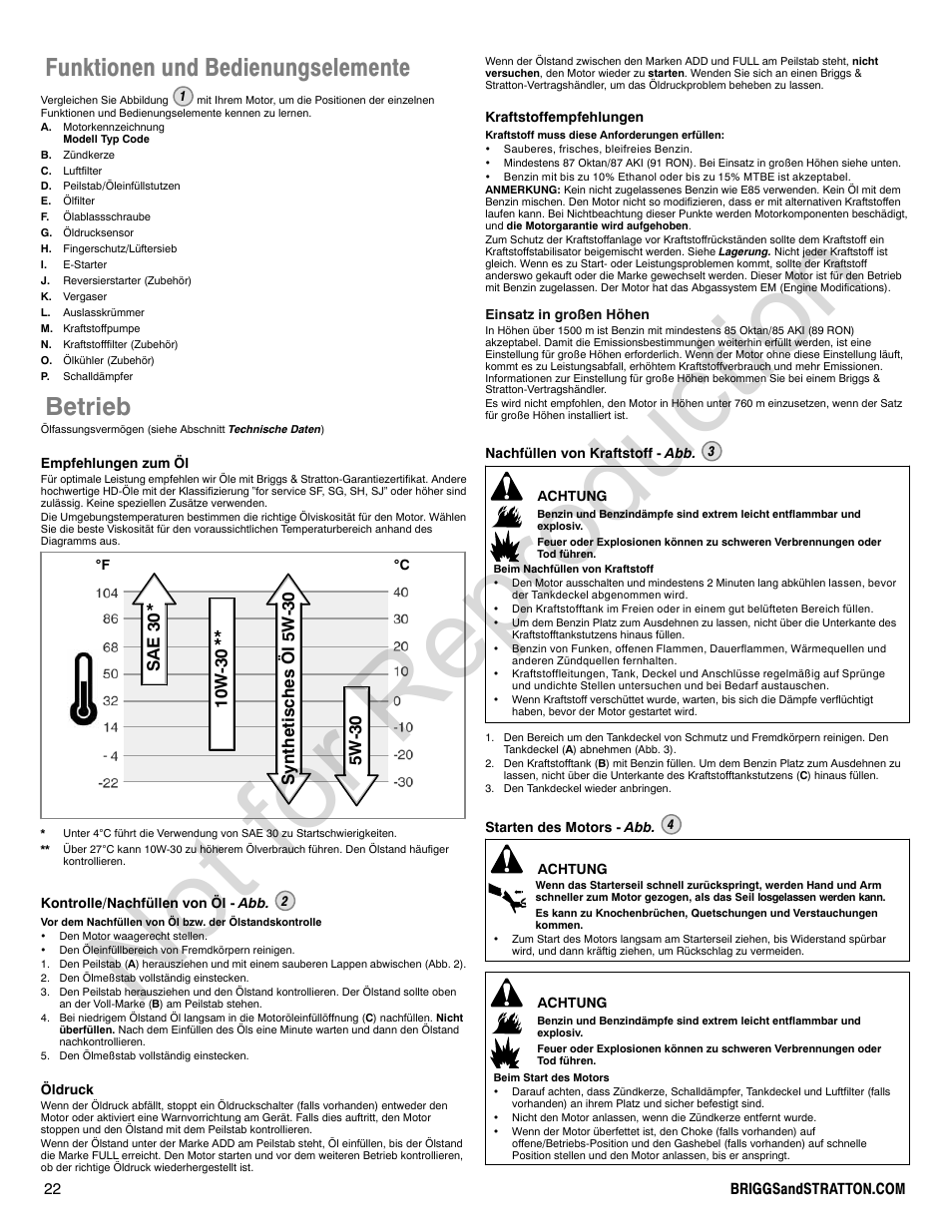 Not for reproduction, Funktionen und bedienungselemente, Betrieb | Briggs & Stratton VANGUARD 350000 User Manual | Page 22 / 92