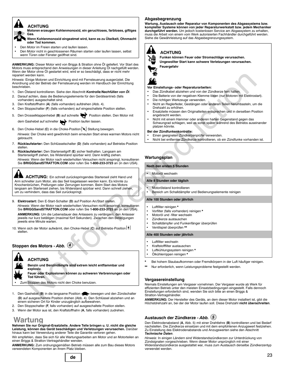 Not for reproduction, Wartung, 23 de | Briggs & Stratton VANGUARD 350000 User Manual | Page 23 / 92