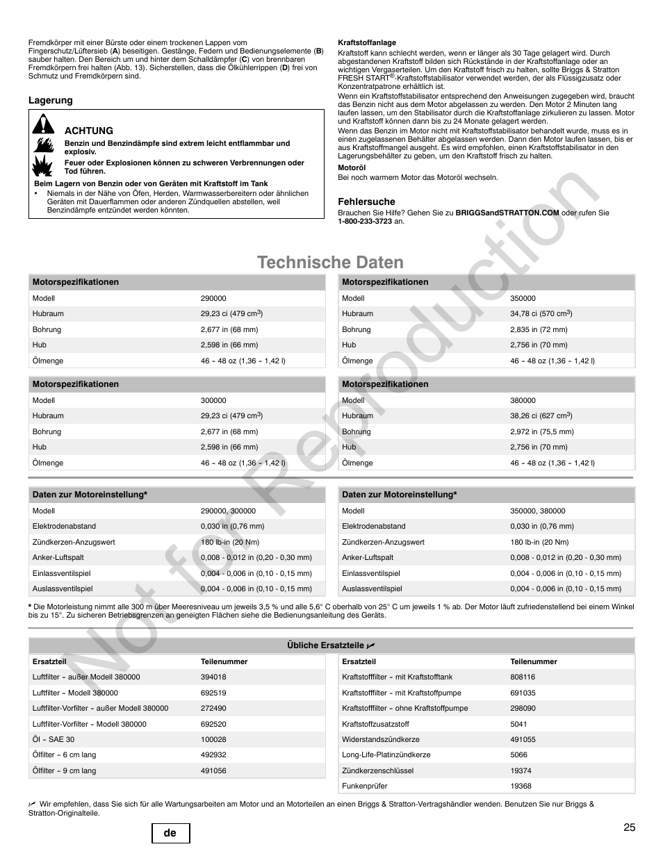 Not for reproduction, Technische daten, 25 de | Briggs & Stratton VANGUARD 350000 User Manual | Page 25 / 92