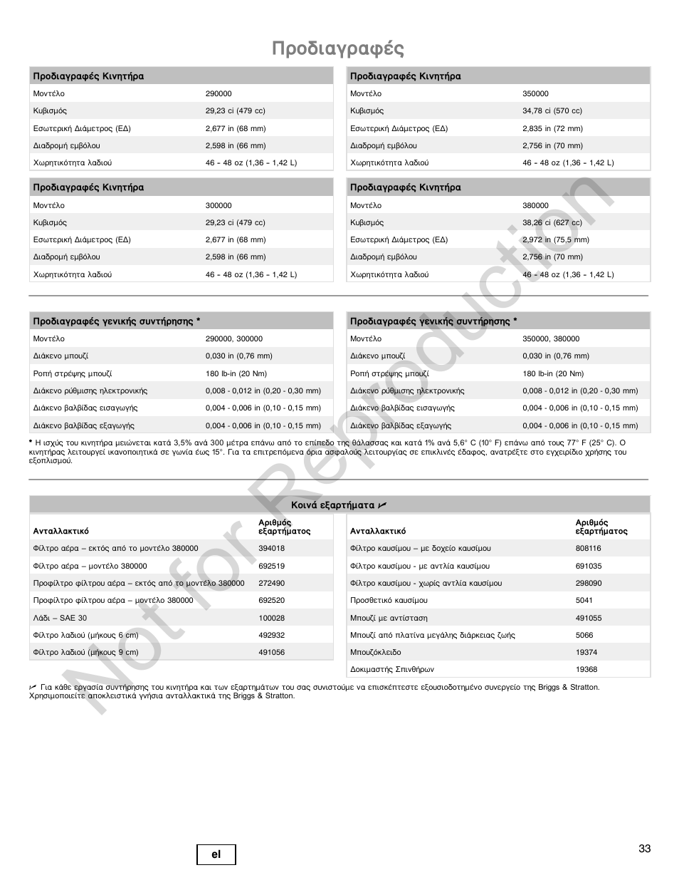 Not for reproduction, Рспдйбгсбцэт, 33 el | Briggs & Stratton VANGUARD 350000 User Manual | Page 33 / 92