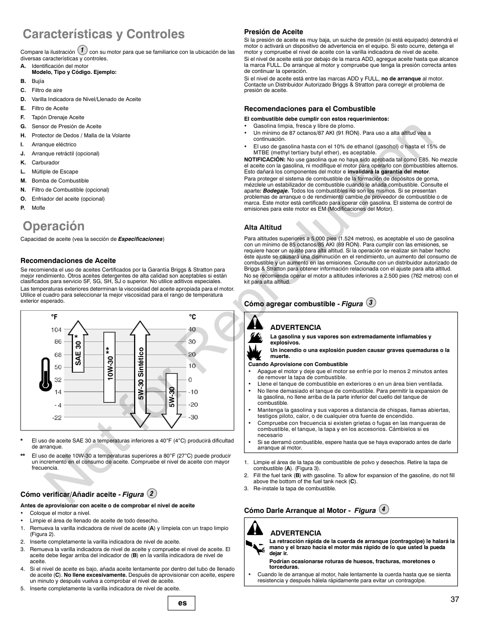 Not for reproduction, Características y controles, Operación | Briggs & Stratton VANGUARD 350000 User Manual | Page 37 / 92