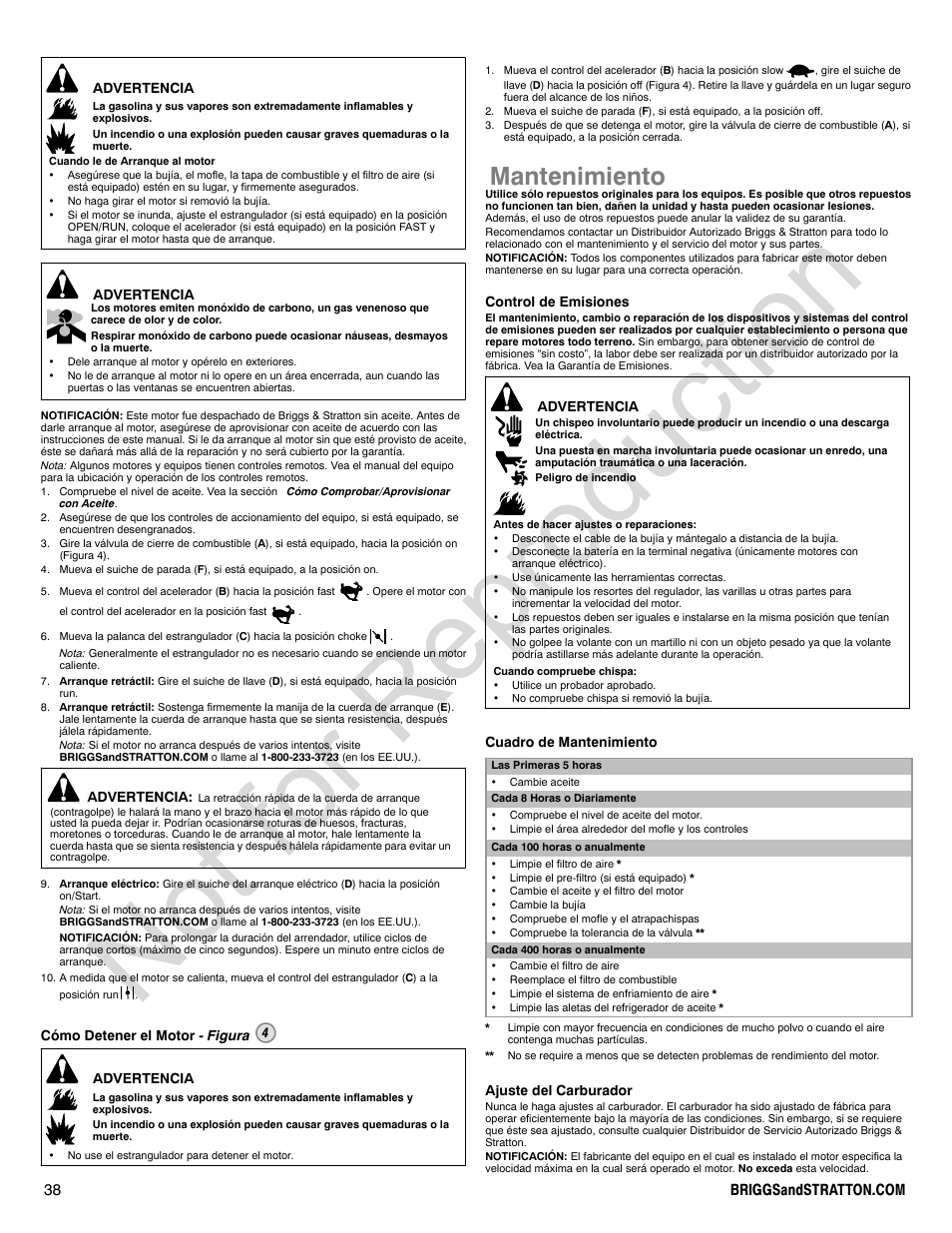Not for reproduction, Mantenimiento | Briggs & Stratton VANGUARD 350000 User Manual | Page 38 / 92