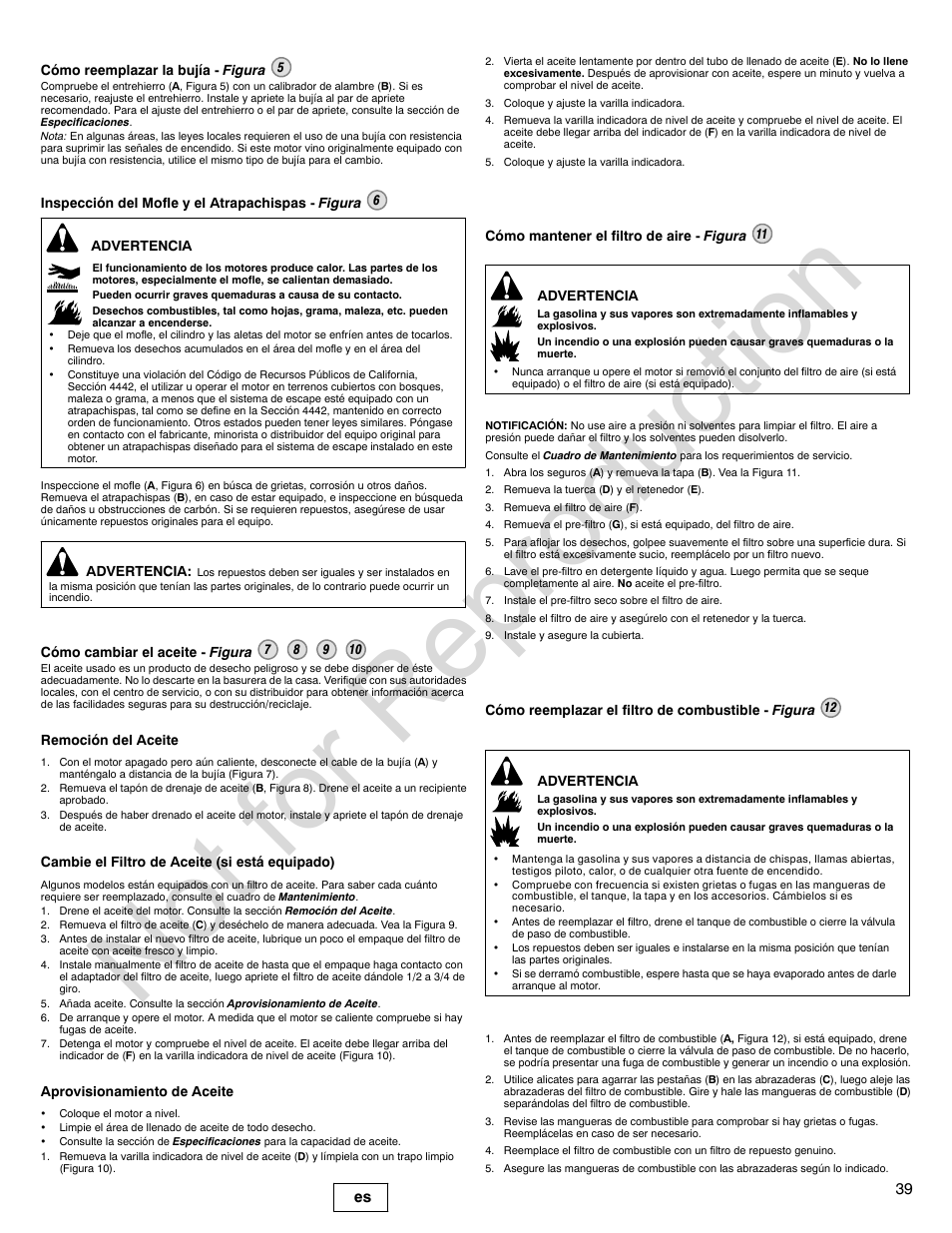 Not for reproduction, 39 es | Briggs & Stratton VANGUARD 350000 User Manual | Page 39 / 92