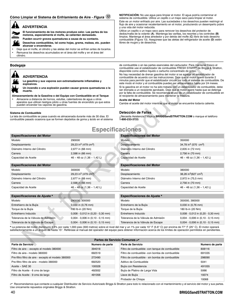 Not for reproduction, Especificaciones | Briggs & Stratton VANGUARD 350000 User Manual | Page 40 / 92