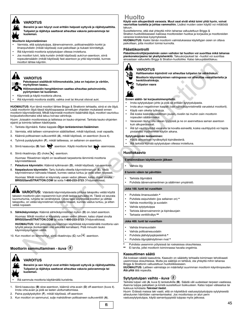 Not for reproduction, Huolto, 45 fi | Briggs & Stratton VANGUARD 350000 User Manual | Page 45 / 92