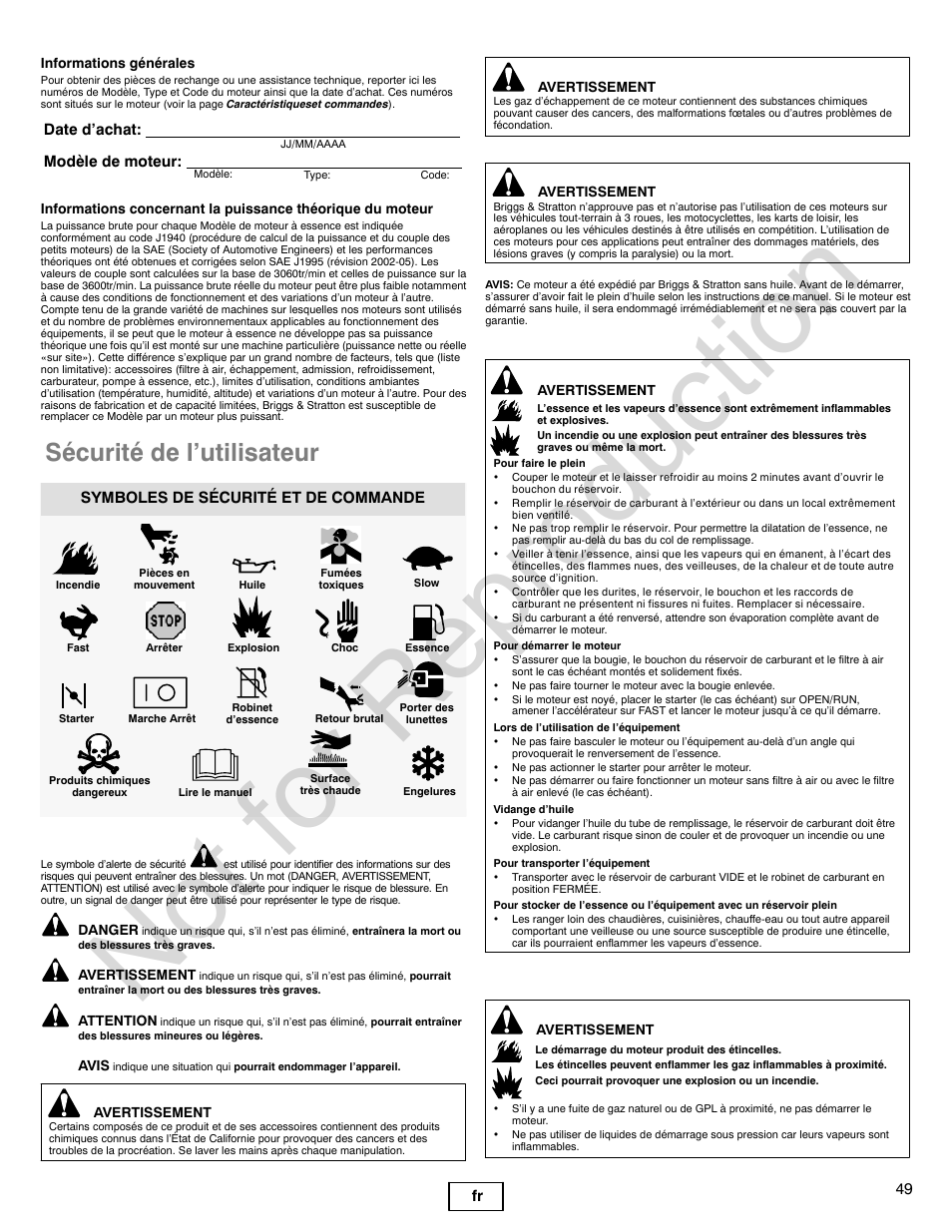 Not for reproduction, Sécurité de l’utilisateur, 49 fr | Date d’achat: modèle de moteur, Symboles de sécurité et de commande | Briggs & Stratton VANGUARD 350000 User Manual | Page 49 / 92