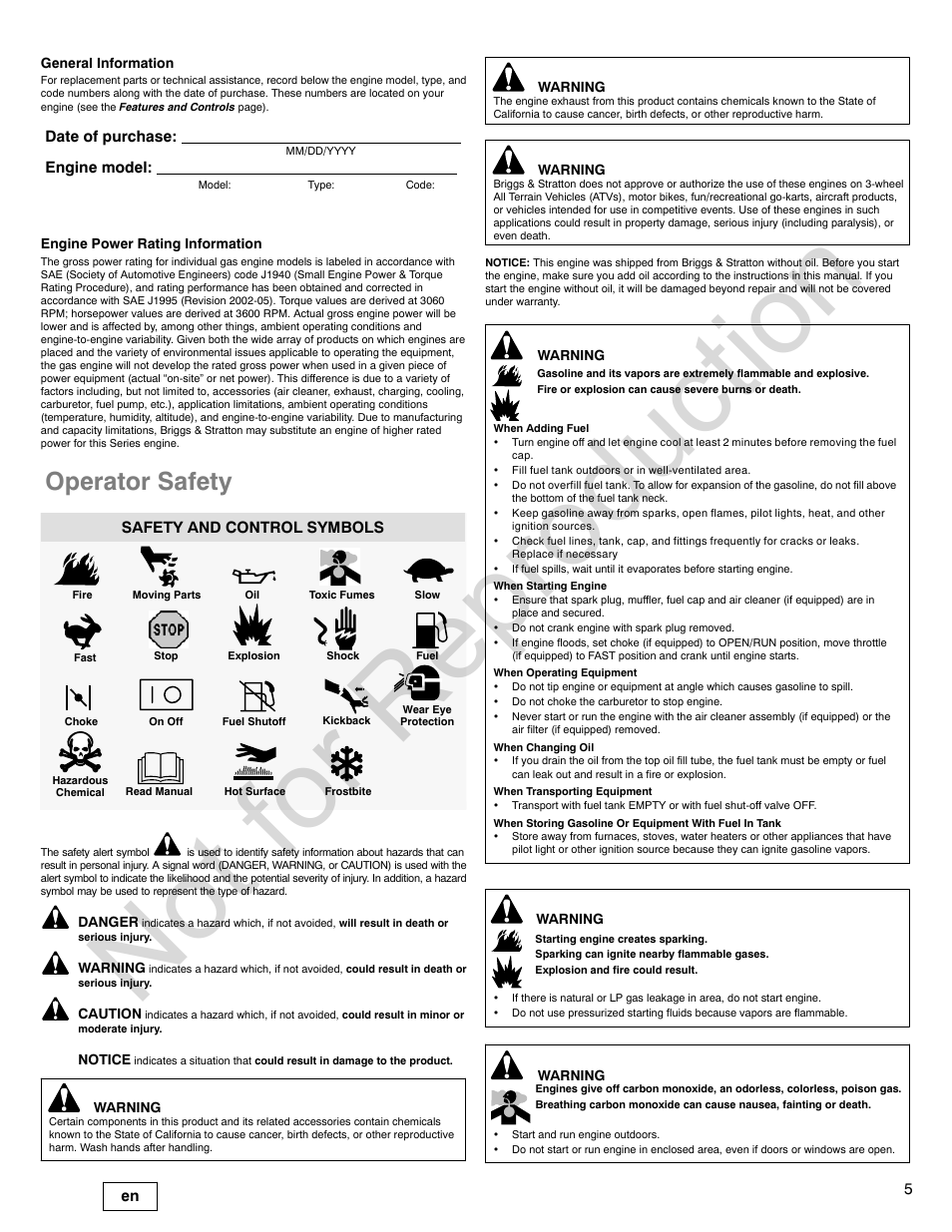 Not for reproduction, Operator safety, Date of purchase: engine model | Safety and control symbols | Briggs & Stratton VANGUARD 350000 User Manual | Page 5 / 92
