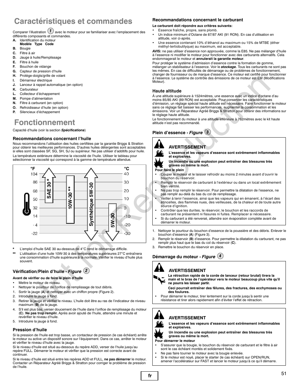 Not for reproduction, Caractéristiques et commandes, Fonctionnement | Briggs & Stratton VANGUARD 350000 User Manual | Page 51 / 92