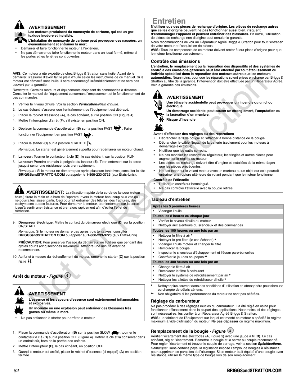 Not for reproduction, Entretien | Briggs & Stratton VANGUARD 350000 User Manual | Page 52 / 92