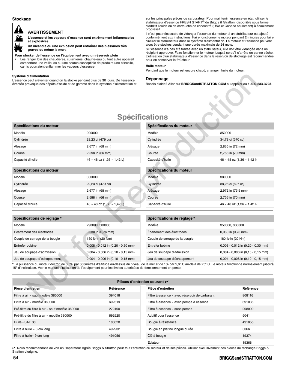 Not for reproduction, Spécifications | Briggs & Stratton VANGUARD 350000 User Manual | Page 54 / 92