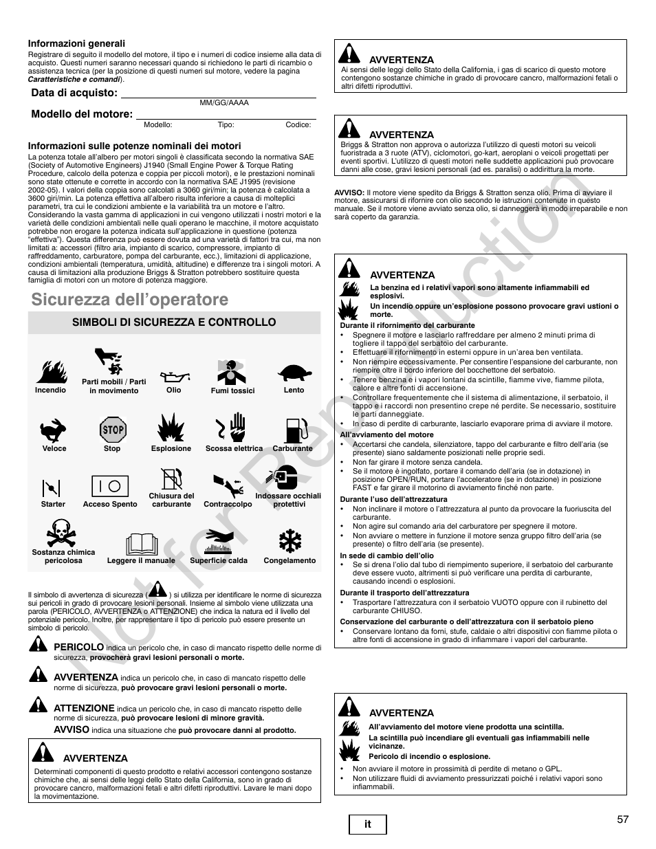 Not for reproduction, Sicurezza dell’operatore, 57 it | Data di acquisto: modello del motore, Simboli di sicurezza e controllo | Briggs & Stratton VANGUARD 350000 User Manual | Page 57 / 92