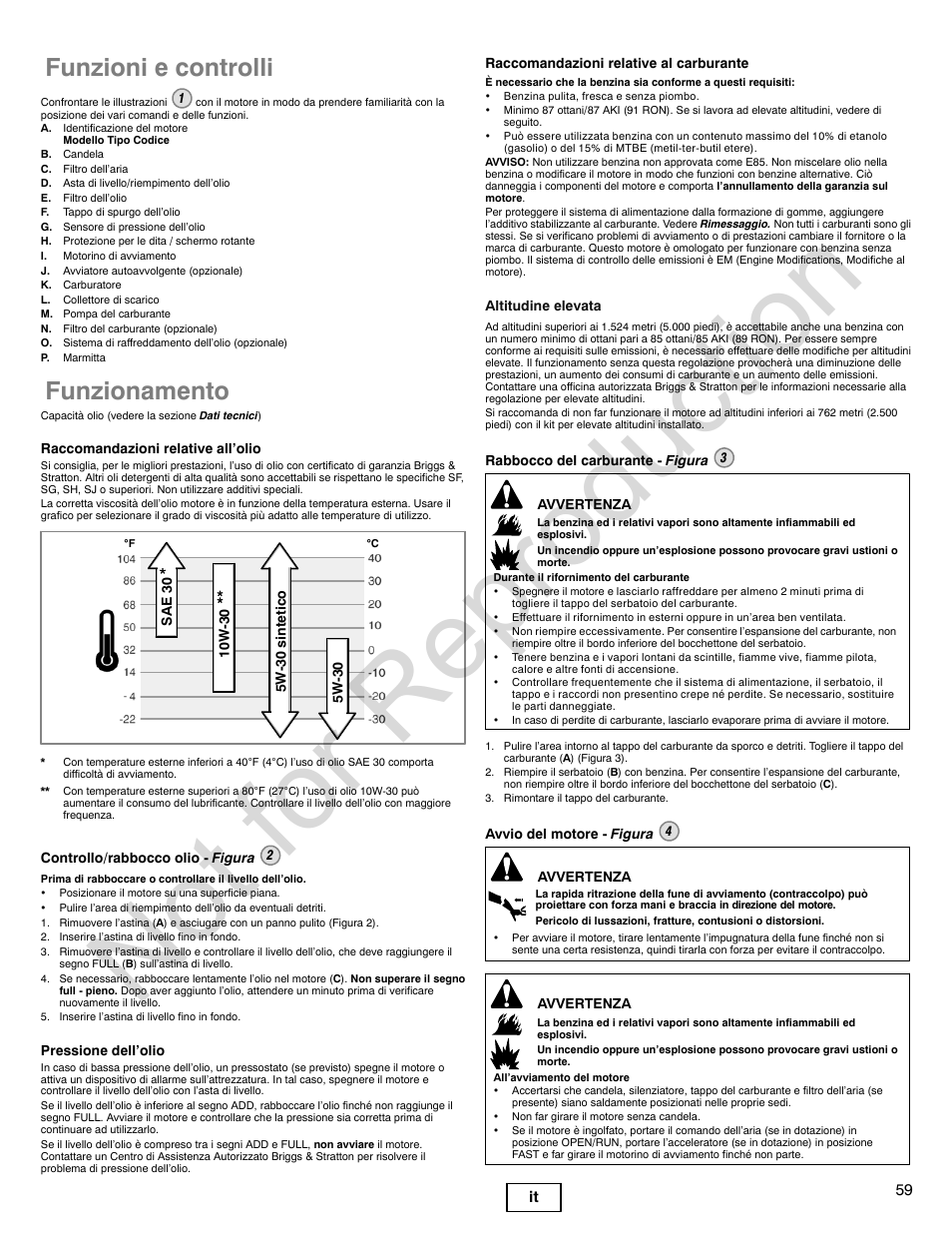 Not for reproduction, Funzioni e controlli, Funzionamento | Briggs & Stratton VANGUARD 350000 User Manual | Page 59 / 92