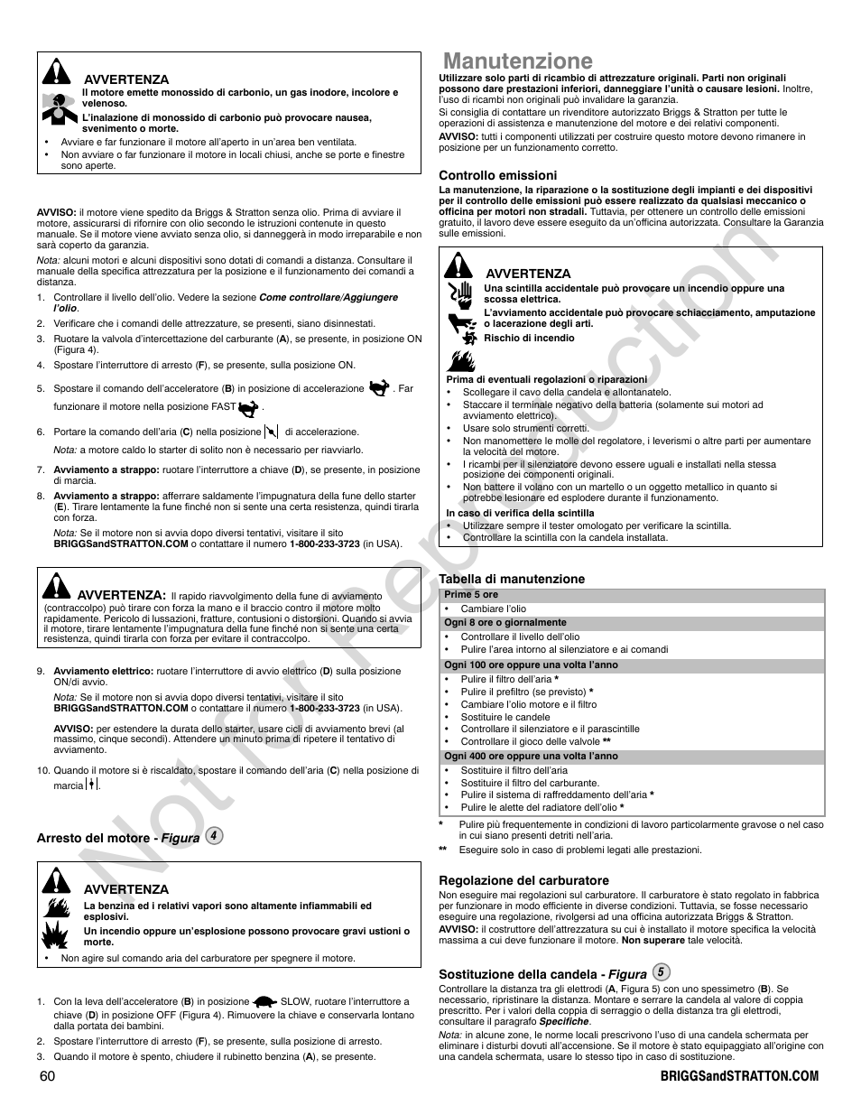 Not for reproduction, Manutenzione | Briggs & Stratton VANGUARD 350000 User Manual | Page 60 / 92